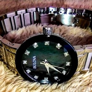 Bulova Silver Black Mother of Pearl and Diamond Watch!